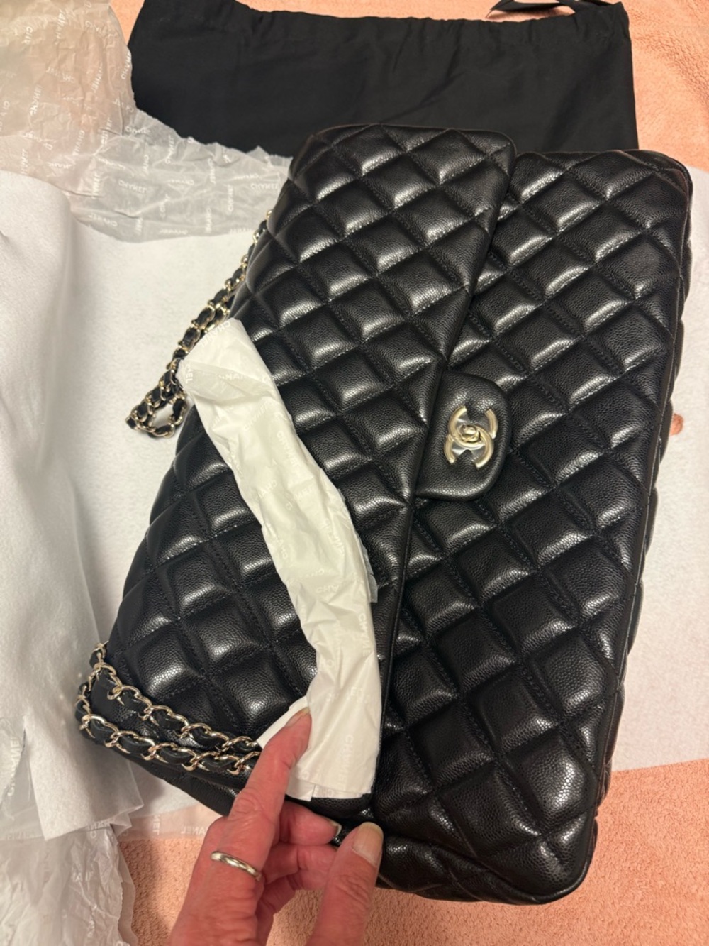 Black Quilted Caviar XXL Classic Airline Travel Flap Bag